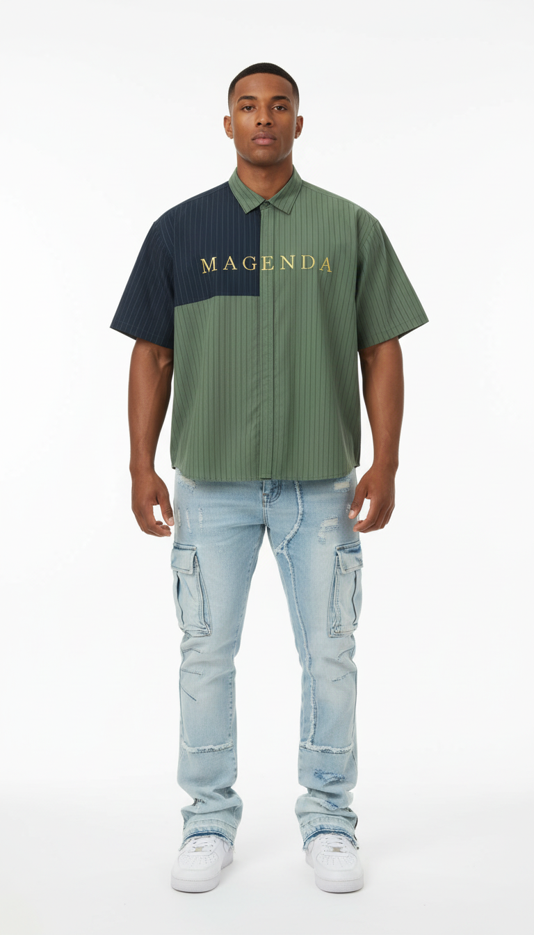 Front view model wearing matching two-toned button-down